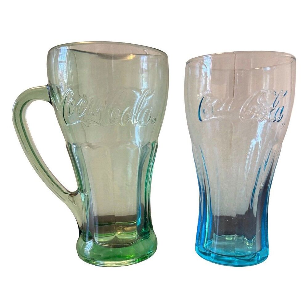 Vintage Coca Cola Libbey Glasses Set of 2 Green Handle Blue Tinted Coke